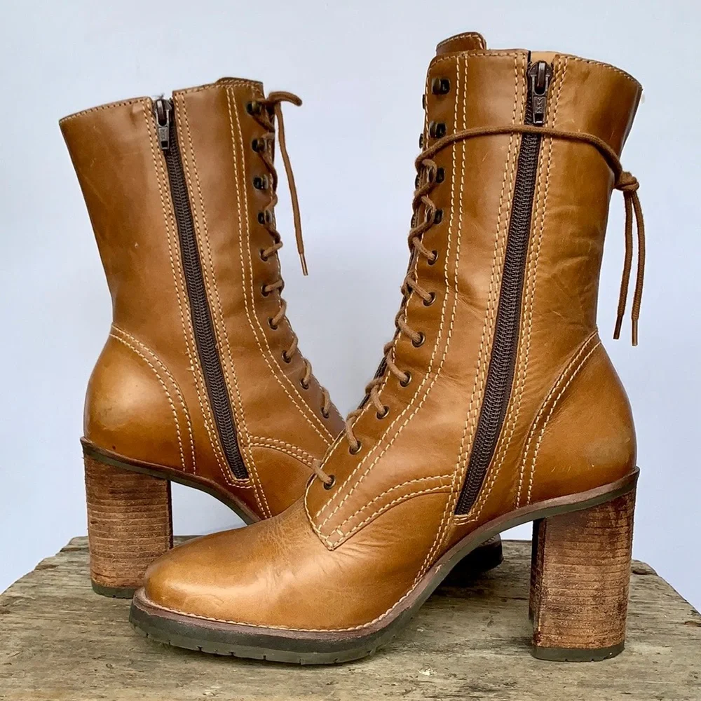 SOLD SKECHERS Vintage Y2K Lace Up Zipper Platform Chunky Heel Brown Ankle Boots - Picture 4 of 9